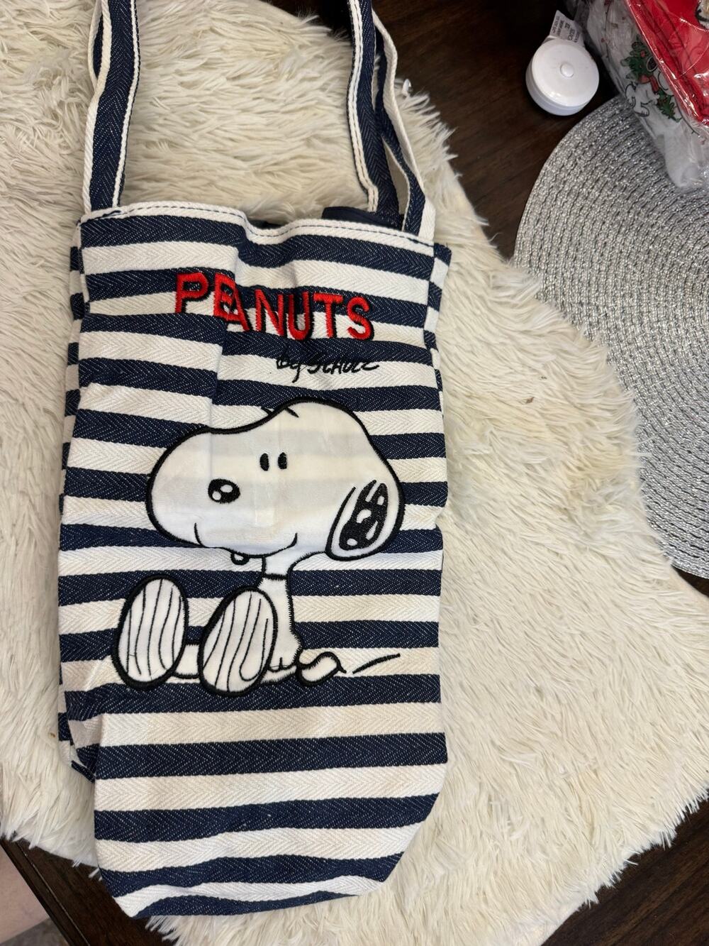 Snoopy embroidered canvas lined tote bag with white and blue horizontal stripes